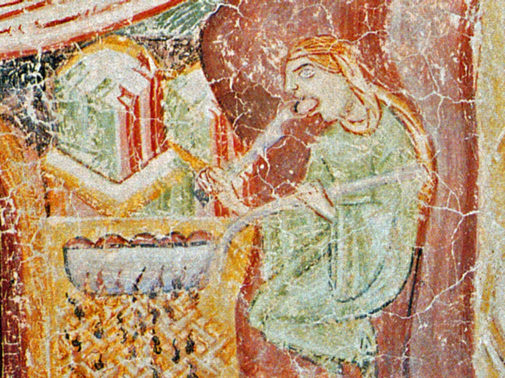 Affresco medievale della mangiatrice di canederli nella cappella di Castel d’Appiano, Hocheppan