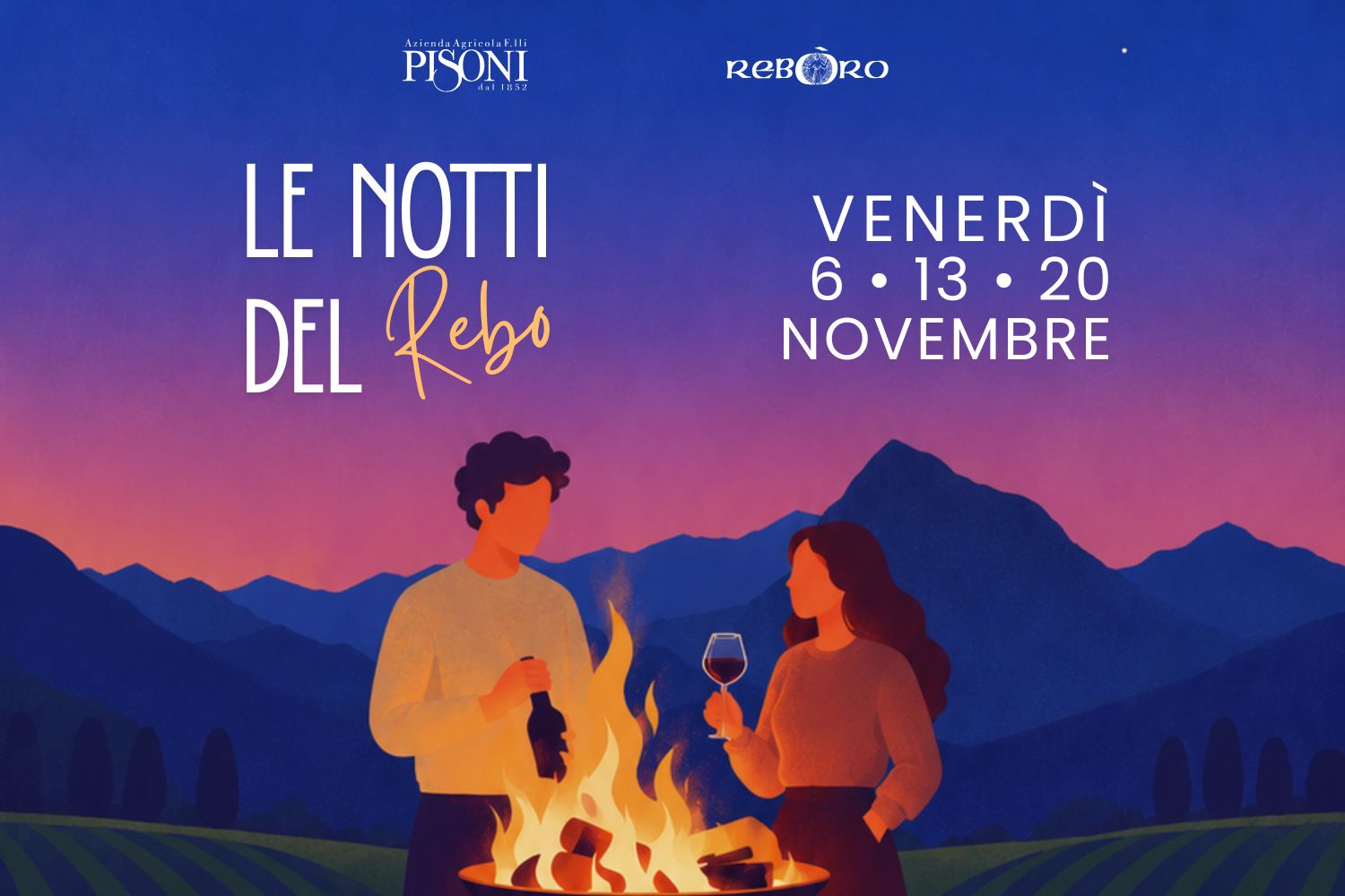 Locandina ufficiale delle Notti del Rebo alla Cantina Pisoni di Pergolese, il 6, 13 e 20 novembre 2026, con vino e cucina alla brace