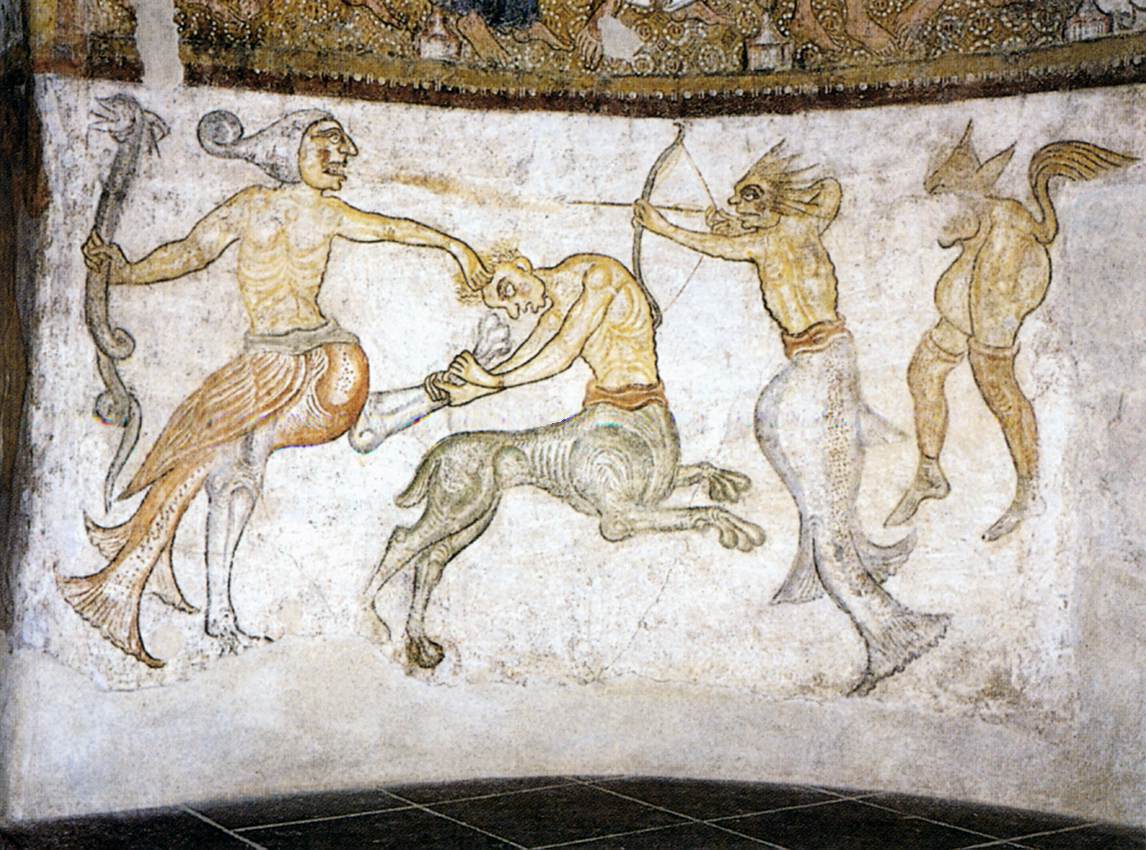Creature ibride del bestiario romanico nella chiesa di San Giacomo a Kastelaz sopra Termeno, Alto Adige